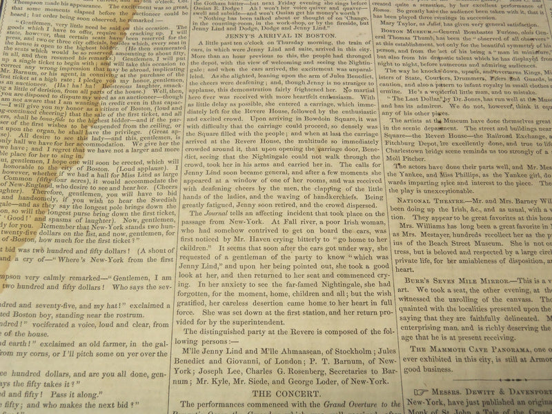 1850 OCTOBER 5 BOSTON MUSEUM NEWSPAPER - JENNY LIND CONCERT IN BOSTON - NP 9051