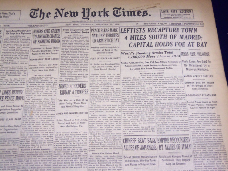 1936 NOV 12 NEW YORK TIMES - LEFTISTS RECAPTURE TOWN SOUTH OF MADRID - NT 2131