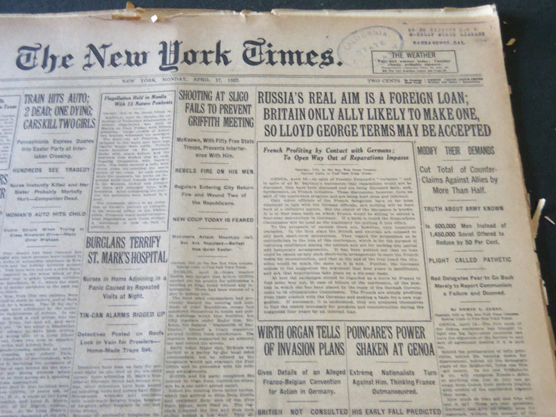 1922 APRIL 17 NEW YORK TIMES - LLOYD GEORGE TERMS MAY BE ACCEPTED - NT 5807