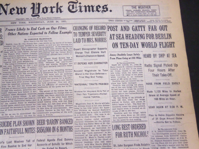 1931 JUNE 24 NEW YORK TIMES - POST & GATTY FAR OUT AT SEA - NT 5019