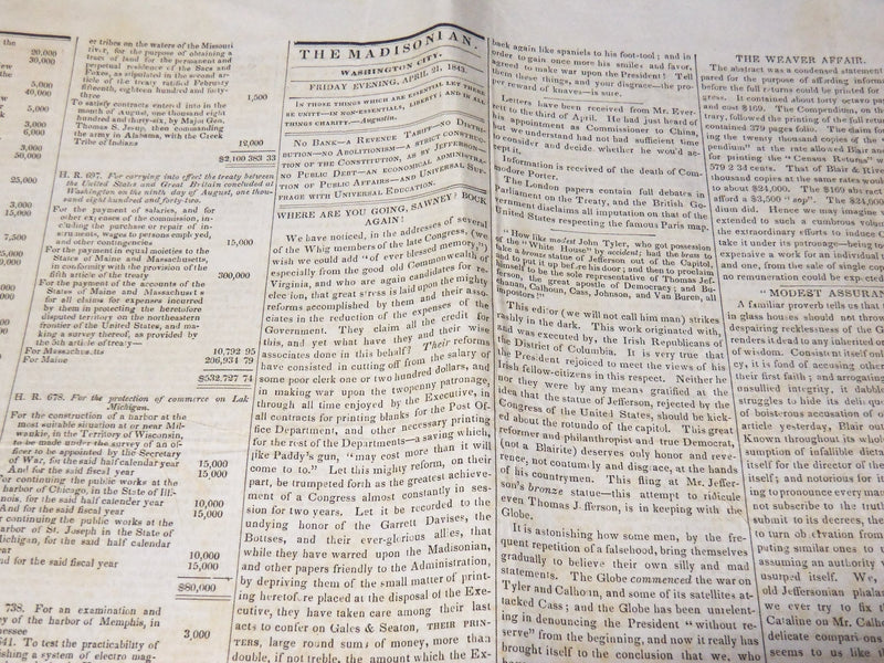1843 APR 21 THE DAILY MADISONIAN NEWSPAPER - CLERK REPORT OF H. O. P. - NP 3877F