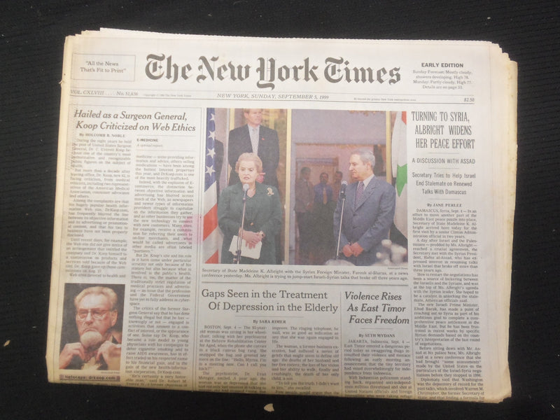 1999 SEP 5 NEW YORK TIMES NEWSPAPER - ALBRIGHT WIDENS HER PEACE EFFORT - NP 7011