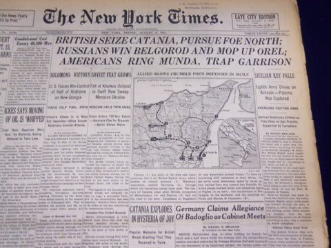 1943 AUG 6 NEW YORK TIMES - BRITISH SEIZE CATANIA, AMERICANS RING MUNDA- NT 1773