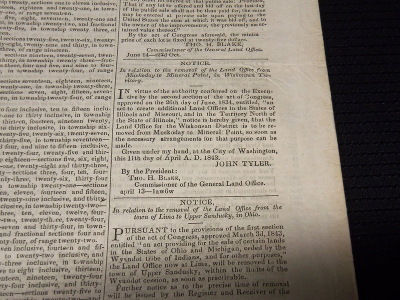 1843 AUGUST 14 THE DAILY MADISONIAN NEWSPAPER - JOHN TYLER -WASHINGTON- NP 3877G