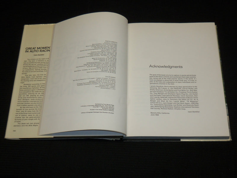 1968 GREAT MOMENTS IN AUTO RACING HARDCOVER BOOK BY IRWIN STAMBLER - R 713J