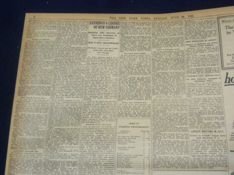 1922 JUNE 25 NEW YORK TIMES - WM. ROCKEFELLER DIES - RATHENAU SLAIN - NT 8408