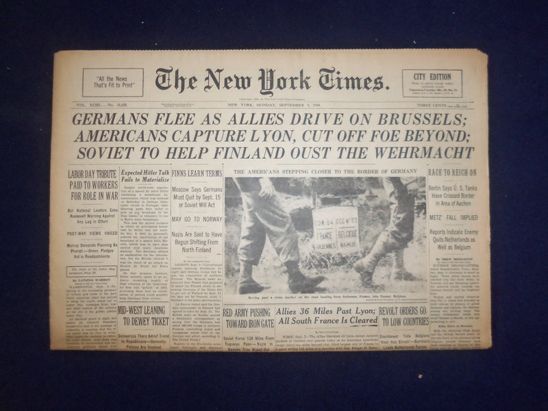 1944 SEP 4 NEW YORK TIMES - GERMANS FLEE AS ALLIES DRIVE ON BRUSSELS - NP 6613