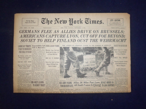 1944 SEP 4 NEW YORK TIMES - GERMANS FLEE AS ALLIES DRIVE ON BRUSSELS - NP 6613