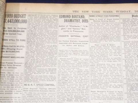 1918 DECEMBER 3 NEW YORK TIMES - EDMOND ROSTAND DIES - WILSON ADDRESS - NT 9160