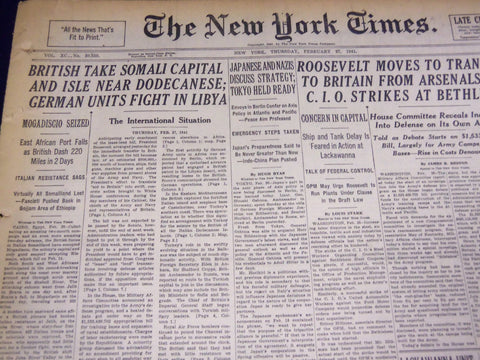 1941 FEBRUARY 27 NEW YORK TIMES - BRITISH TAKE SOMALI CAPITAL, STRIKE - NT 1386