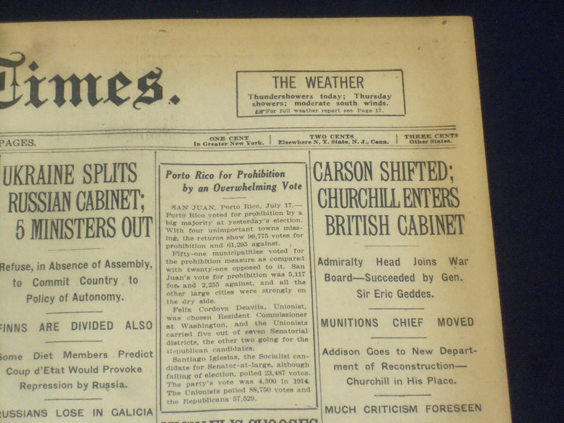 1917 JULY 18 NEW YORK TIMES - CHURCHILL ENTERS BRITISH CABINET - NT 9307