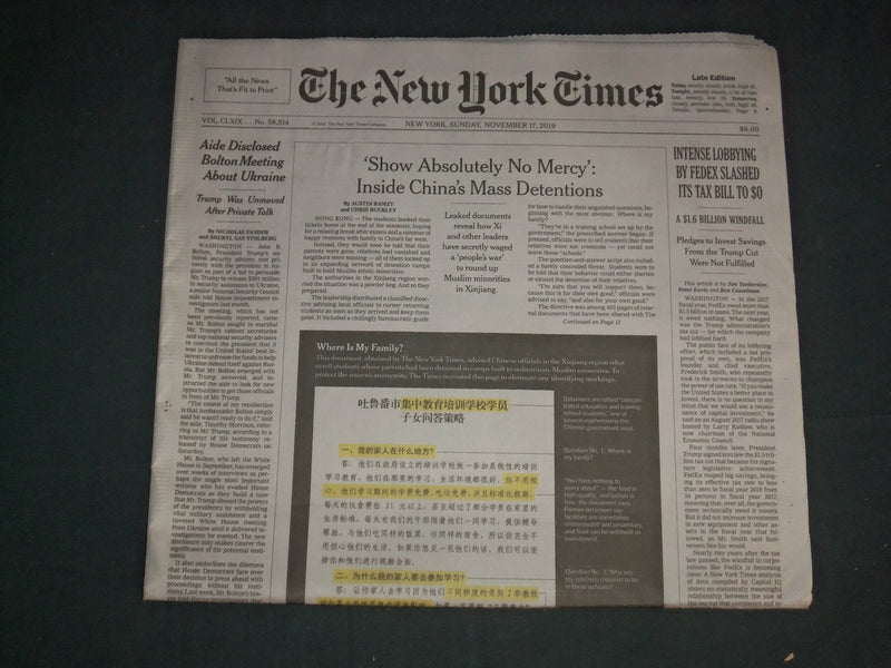 2019 NOVEMBER 17 NEW YORK TIMES - JOHN BOLTON MET IN AUGUST TO PURSUADE TRUMP