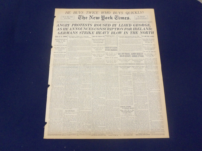 1918 APRIL 10 NEW YORK TIMES - ANGRY PROTESTS ROUSED BY LLOYD GEORGE - NT 8207