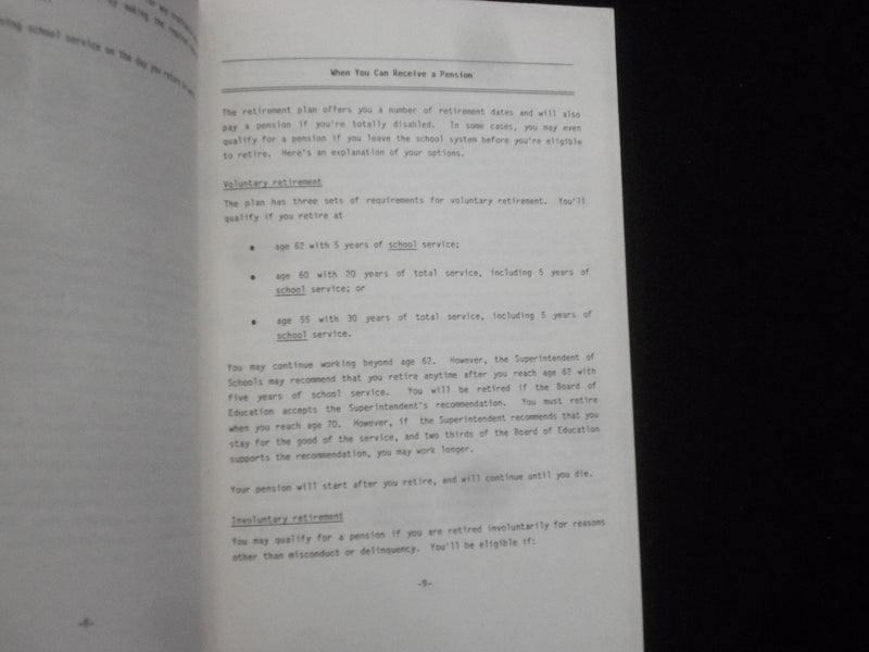 1985 D.C. TEACHERS RETIREMENT PLAN SUMMARY DESCRIPTION SOFTCOVER BOOK - J 9824