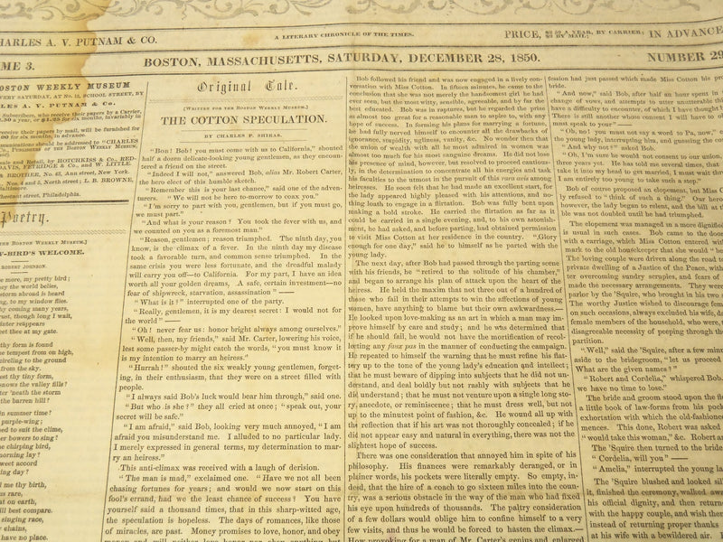 1850 DECEMBER 28 BOSTON MUSEUM NEWSPAPER - SNOW SQUEEN ANDERSEN - NP 9038