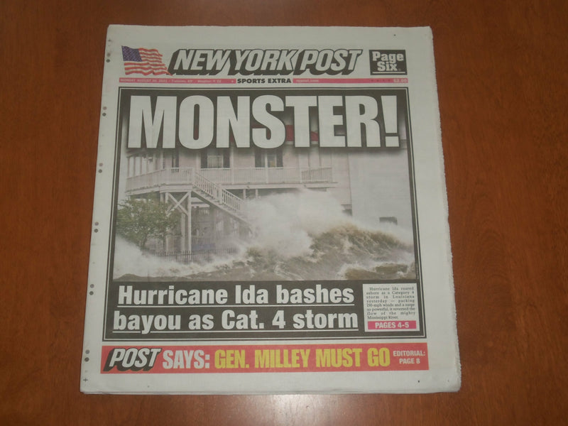 2021 AUGUST 30 NEW YORK POST NEWSPAPER - HURRICANE IDA BASHES LOUISIANA