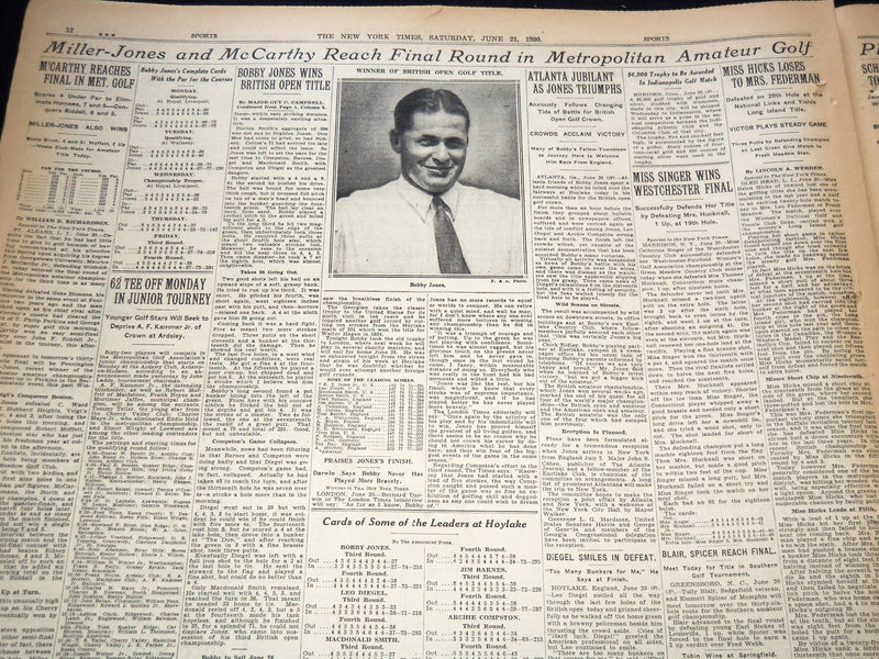 1930 JUNE 21 NEW YORK TIMES NEWSPAPER - BOBBY JONES WINS BRITISH OPEN - NT 9433