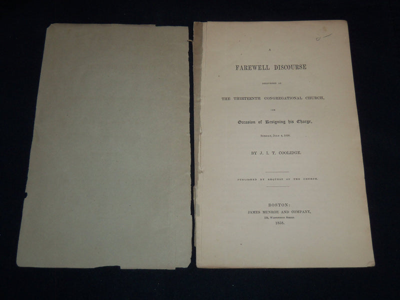 1858 J. I. T. COOLIDGE FAREWELL DISCOURSE - 13TH CONGREGATIONAL CHURCH - J 8992
