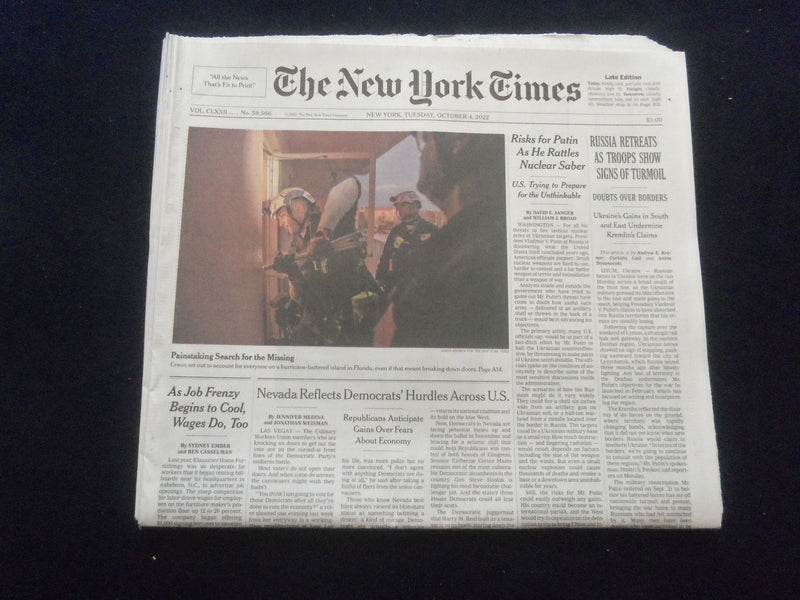 2022 OCT 4 NEW YORK TIMES - RUSSIA RETREATS AS TROOPS SHOW SIGNS OF TURMOIL