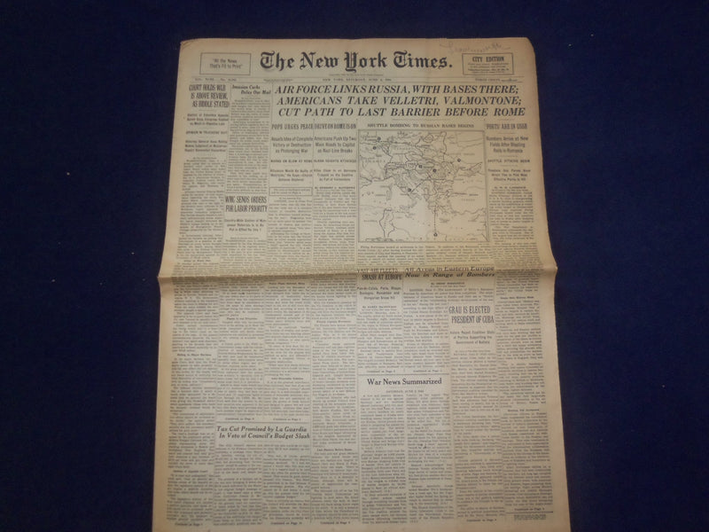 1944 JUNE 3 NEW YORK TIMES - AIR FORCE LINKS RUSSIA, WITH BASES THERE - NP 6558