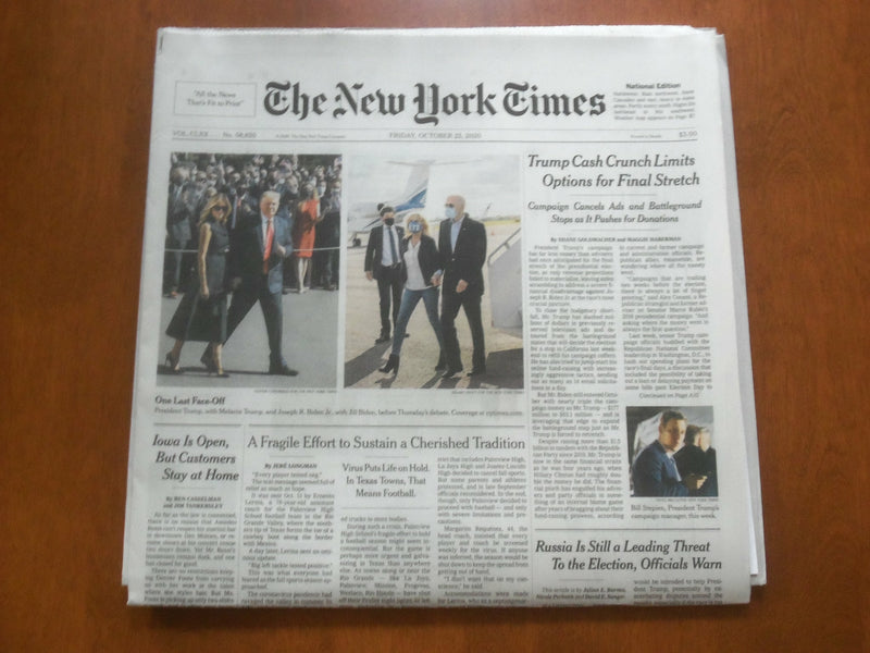 2020 OCT 23 NEW YORK TIMES - TRUMP CASH CRUNCH LIMITS OPTIONS FOR FINAL STRETCH