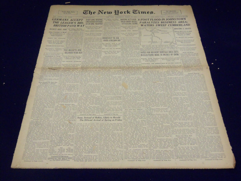 1936 MARCH 18 NEW YORK TIMES - 8 FOOT FLOOD IN JOHNSTOWN PARALYZES AREA- NT 1850