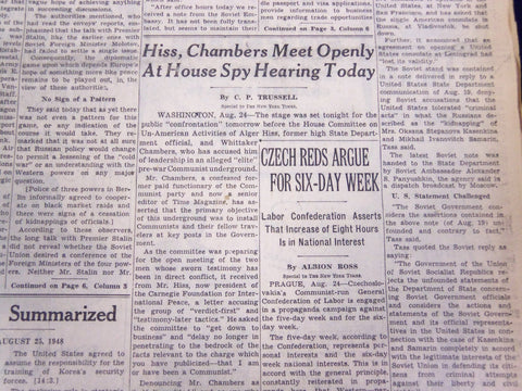 1948 AUGUST 25 NEW YORK TIMES - HISS, CHAMBERS AT SPY HEARING - NT 3737
