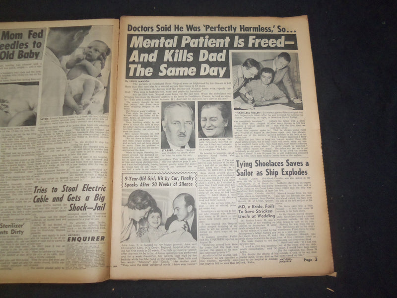 1965 NOV 7 NATIONAL ENQUIRER NEWSPAPER -MENTAL PATIENT FREED, KILLS DAD- NP 7399