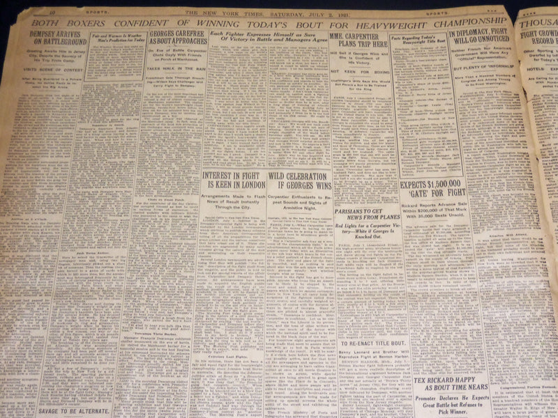 1921 JULY 2 NEW YORK TIMES NEWSPAPER- ALL READY FOR GREAT FISTIC BATTLE- NT 8693