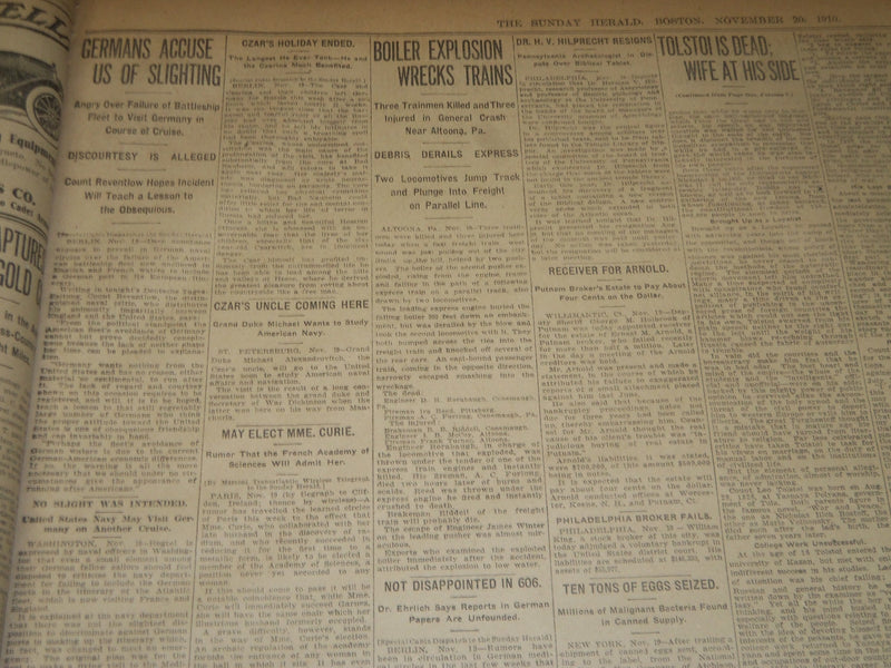 1910 NOV 20 THE BOSTON HERALD - TOLSTOI IS DEAD - HARVARD-YALE 0-0 - BH 284