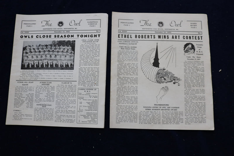 1949-1954 THE OWL NEWSPAPER - WESTMINSTER (MD) HIGH SCHOOL - LOT OF 48 - NP 8905