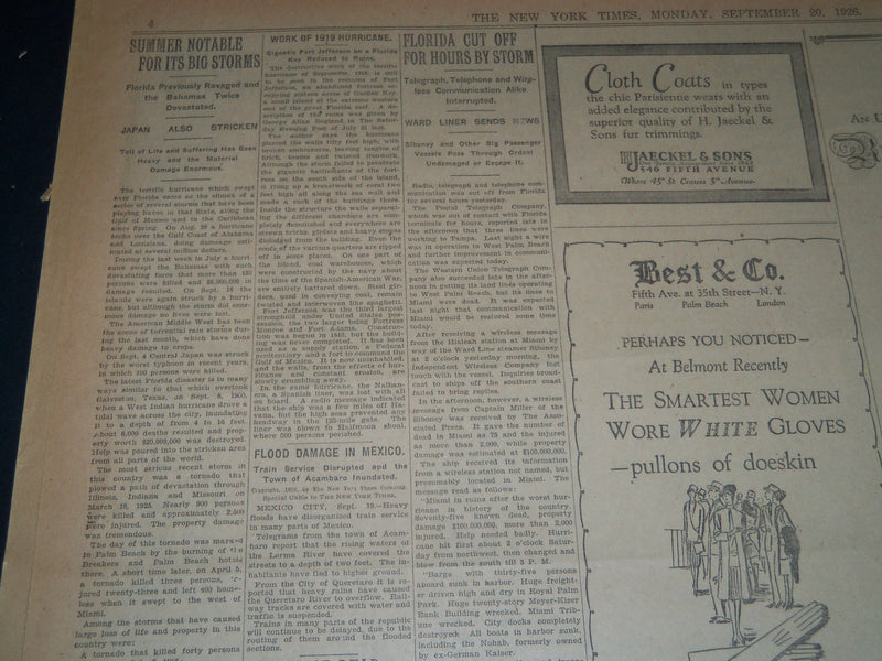 1926 SEPT 20 NEW YORK TKIMES NEWSPAPER - 1000 DEAD IN FLORIDA STORM - NT 7577