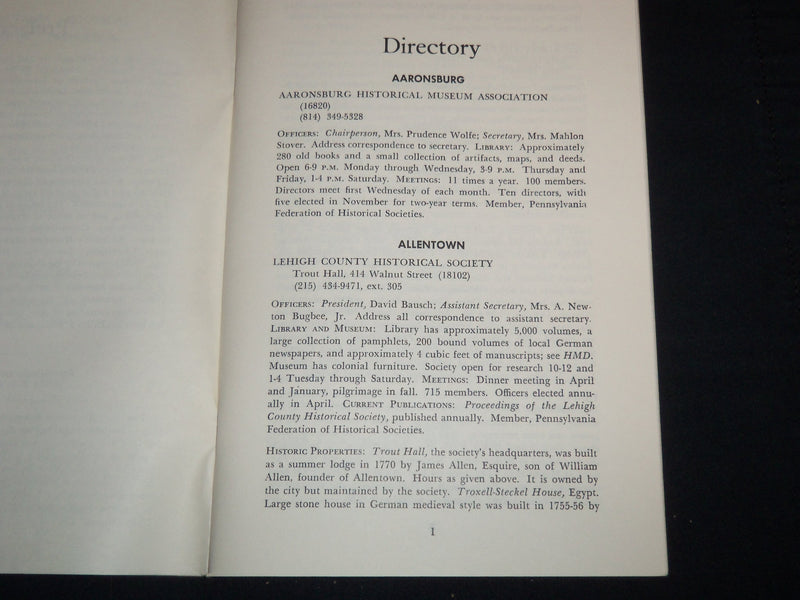1976 PENNSYLVANIA DIRECTORY OF HISTORICAL ORGANIZATIONS - BROW - MILLER - J 8961