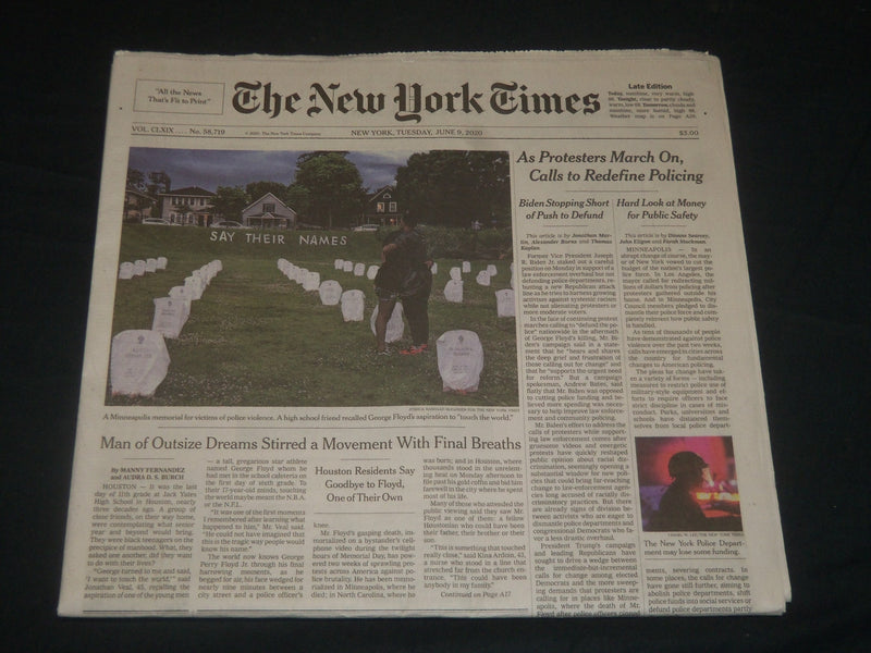 2020 JUNE 9 NEW YORK TIMES - AS PROTESTERS MARCH ON, CALLS TO REDEFINE POLICING