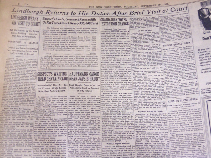 1934 SEPT 27 NEW YORK TIMES -HAUPTMANN IS INDICTED LINDBERGH TESTIFIES - NT 1614