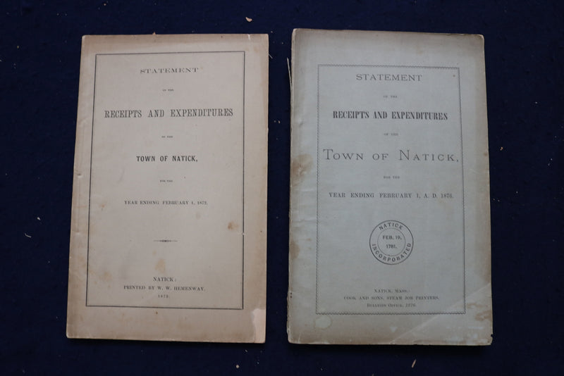1859-1889 TOWN OF NATICK RECEIPTS AND EXPENDITURE REPORTS - LOT OF 24 - O 3393