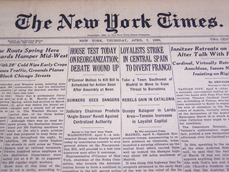 1938 APR 7 NEW YORK TIMES - LOYALISTS STRIKE IN CENTRAL SPAIN TO FRANCO - NT 712