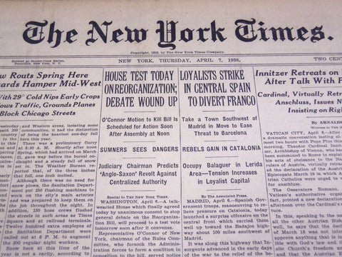 1938 APR 7 NEW YORK TIMES - LOYALISTS STRIKE IN CENTRAL SPAIN TO FRANCO - NT 712