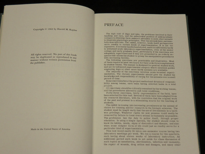 1962 THE RABBIT IN EXPERIMENTAL PHYSIOLOGY BOOK BY HAROLD M. KAPLAN - KD 2765Z