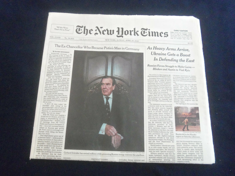 2022 APRIL 24 NEW YORK TIMES -ARMS ARRIVE, UKRAINE GETS BOOST DEFENDING THE EAST