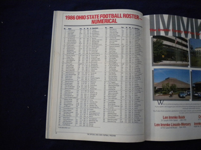 1986 OCTOBER 4 FOOTBALL PROGRAM -OHIO STATE UNIV VS ILLINOIS STATE UNIV-SP 3624Y