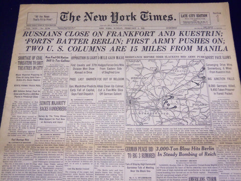 1945 FEB 4 NEW YORK TIMES - RUSSIANS CLOSE ON FRANKFORT AND KUESTRIN - NT 526