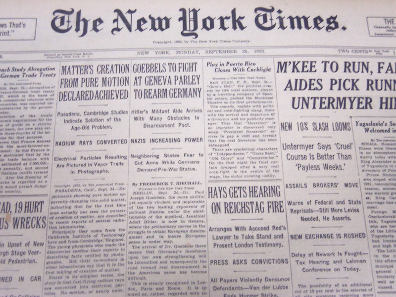 1933 SEPTEMBER 25 NEW YORK TIMES - MATTER'S CREATION FROM PURE MOTION - NT 5184