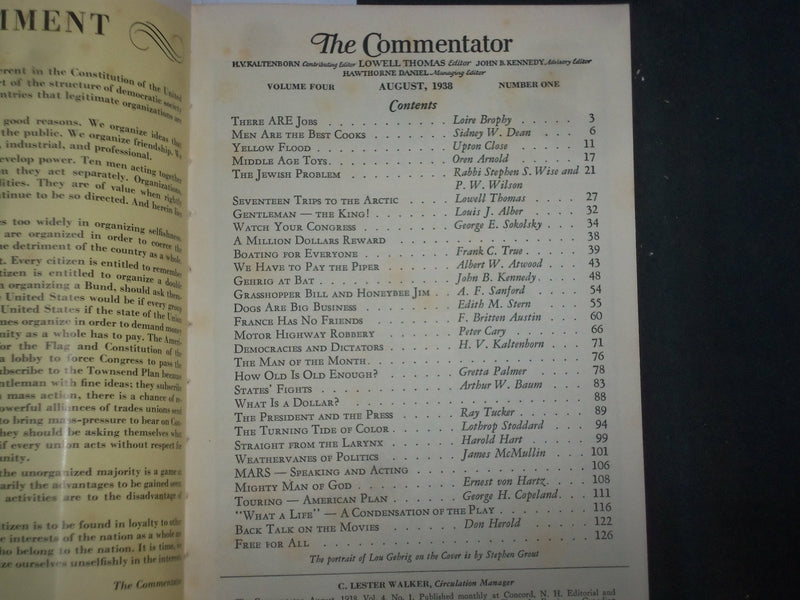 1938 AUGUST THE COMMENTATOR MAGAZINE - LOU GEHRIG COVER - B 6568