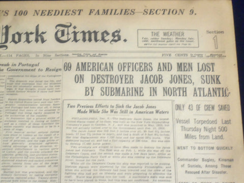 1917 DECEMBER 9 NEW YORK TIMES - DESTROYER JACOB JONES SUNK, 69 LOST - NT 8256