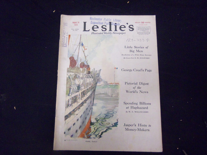 1919 AUGUST 2 LESLIE'S WEEKLY MAGAZINE - GREAT COVER, PHOTOS & ADS - ST 2252