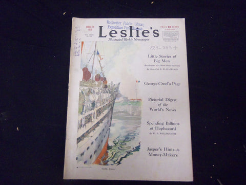 1919 AUGUST 2 LESLIE'S WEEKLY MAGAZINE - GREAT COVER, PHOTOS & ADS - ST 2252