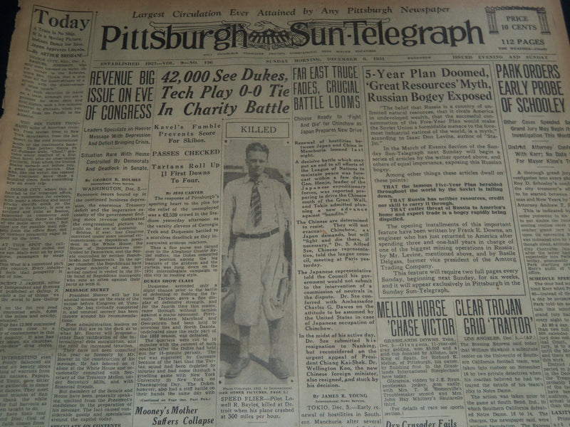 1931 DECEMBER 6 PITTSBURGH SUN-TELEGRAPH - BAYLES KILLED IN SPEED TEST - NT 7531