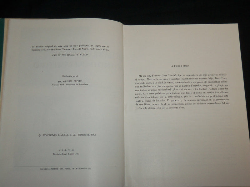 1961 EL HOMBRE EN EL MUNDO PRIMITIVO HARDCOVER BOOK BY E. HOEBEL - KD 6772