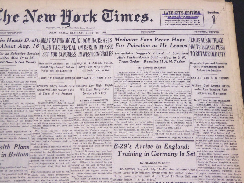1948 JULY 18 NEW YORK TIMES - JERUSALEM TRUCE HALTS ISRAELI PUSH - NT 4347